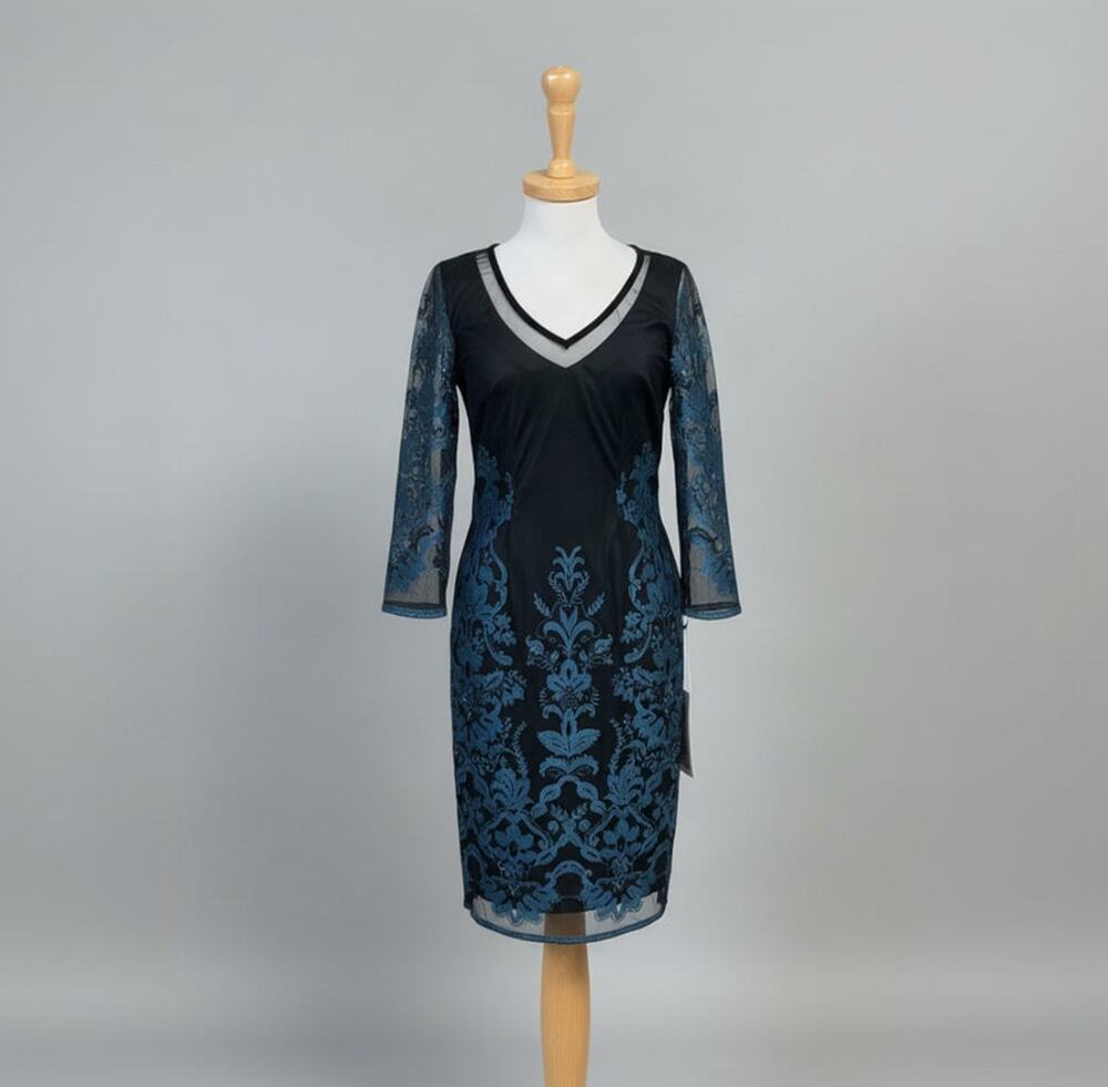 Et Cetera black dress with teal embroidery, size 2, NEW WITH TAGS!